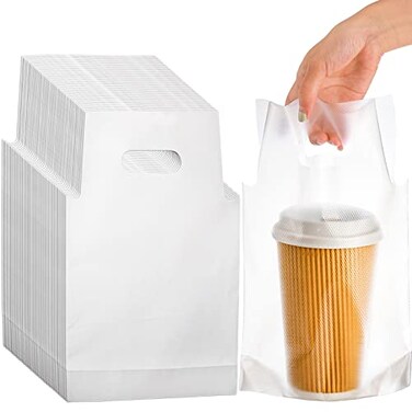 DEAYOU 500 PCS Clear Handle Drink Poly Bags Plastic Drinking Packaging Bag for Delivery 78 L x 11 H Hanging Hole Cup Carrier Holder Container with Handle for 33 OZ Single Cup Take Out Beverage