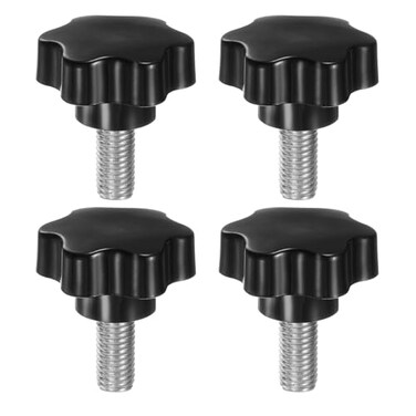 HARFINGTON 4pcs Star Knobs M12 x 25mm 304 Stainless Steel Threaded Stud 46mm Plastic 6Star Head Hand Tightening Thumb Screw Clamping Jig Knob Handle Black