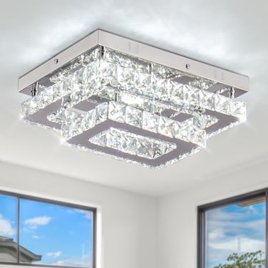 Finktonglan Crystal LED Flush Mount Ceiling Light 11891 Rectangular Close to Ceiling Light 24W 6500K Cool White Daylight K9 Crystal Stainless Steel NonDimmable