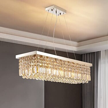 Siljoy 8 Lights Modern Crystal Chandeliers Rectangular K9 Crystal Raindrop Chandelier Rectangle Pendant Ceiling Light for Dining Room Kitchen Island Adjustable Hanging Height L40 x W10 x H10