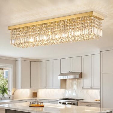 Siljoy Rectangular Gold Crystal Chandelier 8Light Modern Dimmable K9 Crystal Raindrop Chandelier Luxury Rectangle Flush Mount Ceiling Light for Living Room Dining Room Kitchen L40