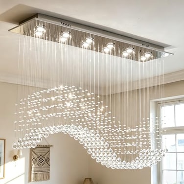 Siljoy Modern Crystal Chandelier Rectangle Wave Raindrop Chandelier L47