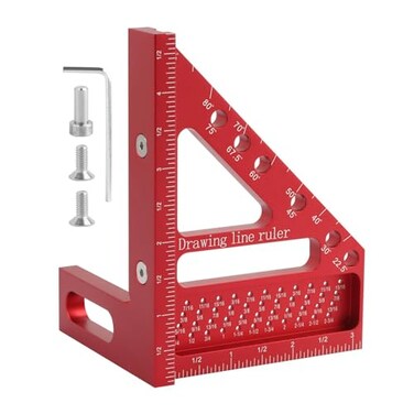 EMVANV 3D Multi Angle Measuring Ruler 3D Hole Position Layout Drawing 45 and 90 Degree Woodworking Square Small Framing Square Tool with Angle Position Pin for Carpentry Red