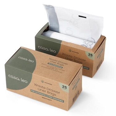 Smarty Pear Casa Leo Leos Loo Too Waste Drawer Liners 50 Count Heavy Duty 2 Mil Cat Litter Box Bags with Drawstring Unscented Replacement Refill Bags for Automatic Self Cleaning Litter Boxes