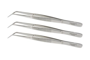 Universal Stainless Steel Tweezers Heavy Pattern Precision Grade Curved Tip Forceps Tweezers with Serrated Tip and Knurled Handle 3 Pack