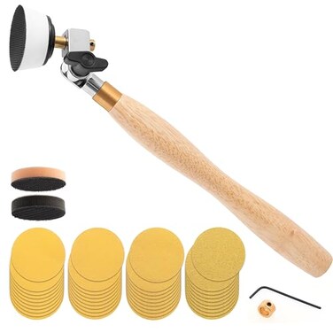 Peachtree Woodworking Bowl Sander For Woodturning 44Piece Set with 2 inch Sanding Discs Hook And Loop 80120150220 grits 14 In Mandrel Soft Medium Interface Pads DualBearing Head Hardwood Handle