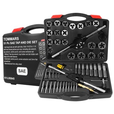 TOMMARS 51Pc 1420 to 114 Jumbo Tap and Die Set SAE Round Threading Dies for Threading and Rethreading Internal and External Threads