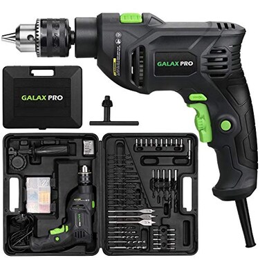 GALAX PRO 5Amp 12inch Hammer Drill with 105pcs Accessories Variable Speed 03000 Hammer and Drill 2 Functions in 1 360Rotating Handle Depth Gauge Carrying Case Included