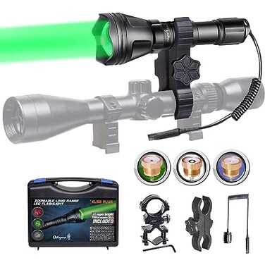 Odepro KL52Plus Zoomable Hunting Flashlight Kit with 4 Interchangeable Modules Red Green White IR850 Long Range Predator Light with Remote Pressure Switch for Coyote Hog Varmint Hunting