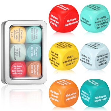 Simgoing 6 Pcs Conversation Cube Ice Breaking Supplies Table Talk Topic Cube Social Emotional Learning Activities Wood Conversation Starter Dice with Tin Box for Kid Counselor Therapist