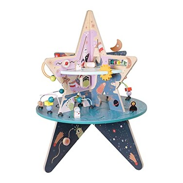 Manhattan Toy DoubleDecker Celestial Star Explorer Wooden Activity Center with Shape Gliders Spinners Bead Runs and Alluring Artwork