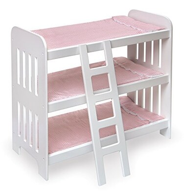 Badger Basket Triple Doll Bunk Bed with Ladder and Bedding for 20Inch Dolls Pink Gingham Design with Personalization Kit