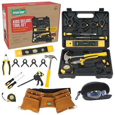 SparkJump Deluxe Kids Tool Set Real Tools with Tool Belt Tool Box Beginner Tool Kit for Boys Girls Ages 6 Up Brown Ultimate Tool Set