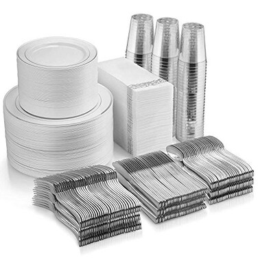 Munfix 700 Piece Plastic Silver Dinnerware Set 200 Rim Plates 300 Silverware 100 Cups 100 Linen Like Silver Napkins 100 Guest Disposable Dinnerware Set