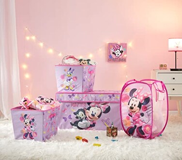 Idea Nuova Disney Minnie Mouse 4 Piece Storage Solution Set with Pop Up Hamper Collapsible Storage Trunk and 2 Nestable Storage Bins