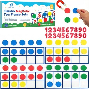 Simply magic 70 PCS Magnetic Ten Frames Math Manipulatives for Elementary Classroom Kindergarten 4 Ten Frames 44 Math Counters for Kids Math Games for Kindergarten Jumbo Magnetic Ten Frame Set