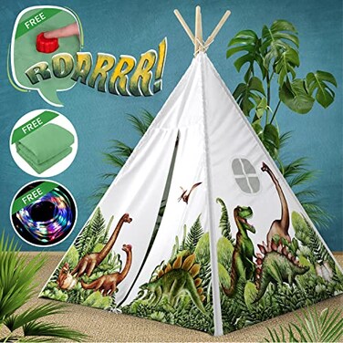 W&O WO Dinosaur Discovery Teepee with Roar Button LED Lights Plush Mat The Most Stable Teepee Never Collapses with Rowdy Playtime
