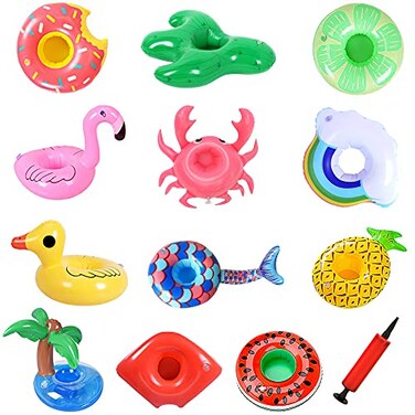WILLBASIC Drink Floaties 13 Pack Pool Drink Floats Inflatable Drink Holder Floating Drink Holder Pool Accessories for Adults with Pump