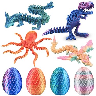BUUFAN 4PCS 3D Printed Dragon Octopuses with Egg Easter Basket Stuffers Easter Egg 3D Printed Animals Toy Set