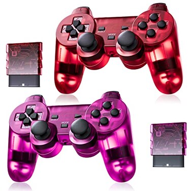 Burcica Wireless Controller for PS2 Play 2 Double Vibration 2 ClearRed and ClearPurple