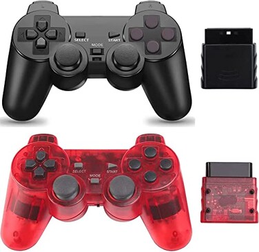 Burcica Wireless Controller for PS2 Play 2 Double Vibration 2 Black and ClearRed