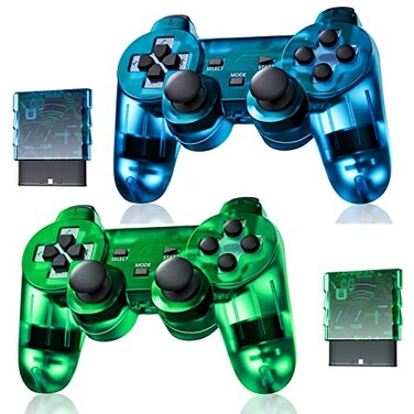 Burcica Wireless Controller for PS2 Play 2 Double Vibration 2 ClearBlue and ClearGreen