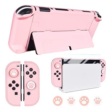 DLseego Protective Case Design for Nintendo Switch OLED JoyCon Controllers New Model 2021 with Glass Screen Protector and 4 Cute Thumb Grip Caps AntiScratch Baby Skin Touch Grip Cover Pink