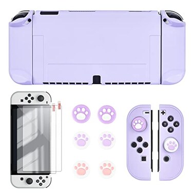 DLseego Switch OLED Protective Case Dockable Hard Shell AntiScratch Cover Accessory Skin With 6PCS Thumb Grips Caps and 2Pc Screen Protectors Purple