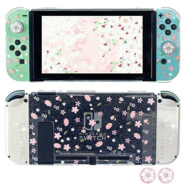 FANPL Glitter Clear Case for Nintendo Switch Hard Shell Cute Protective Case Cover for Switch and Joy Con Controller with 2 Cat Claw Thumb Grips Embossed Feel Pink Sakura Snow