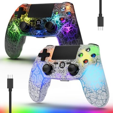 Boowen 2 Pack Wireless Controller for PS4 LED Backlit Controllers for PS4ProSlim 1000mAh Battery Double Shock 6Axis Motion Sensor Adjustable RGB Backlight WhiteBlack
