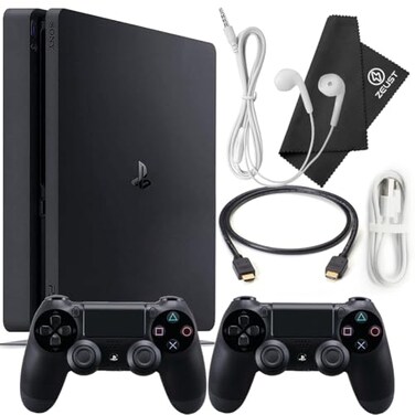 Zeust PlayStation 4 Slim 1TB Console Bundle Includes the PS4 Console Slim 1TB 2 Dualshock PS4 Wireless Controllers MicroUSB Charging Cable HDMI cable Wired Earbuds and Microfiber Cloth Renewed