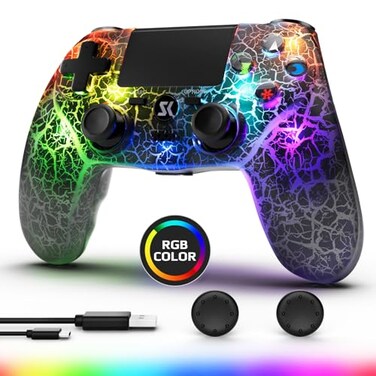 Boowen Wireless Controller for PS4 Controller Compatible with PS4ProSlimDouble Shock 6Axis Motion Sensor Sensitive Touch Pad Builtin Speaker Stereo Headphone Jack Black Crack RGB Light
