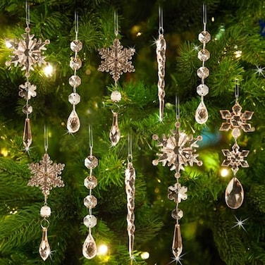 GuassLee 18pcs Crystal Christmas Ornaments for Christmas Tree DecorationsChampagne Hanging Acrylic Snowflake and Icicle Ornaments with Drop Pendants for New Year Party Decorations Supplies