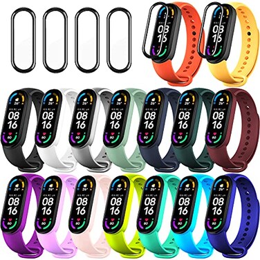 BANGTING 20 Pieces Strap Replacement Compatible with Xiaomi Mi Band 6 Amazfit Band 5 Bracelet Wristbands Silicone for Mi Fit 5 Straps 16 Colors 4 Screen Protector