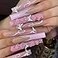 DZPGUONIZ 24Pcs Long Square Press on Nails Pink French Tip Fake Nails Silver Rhinestones with Flower Full Cover Tips Glue on Nails Artificial Acrylic False Nails Butterfly Charms Design for Women Mani