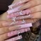 DZPGUONIZ 24Pcs Long Square Press on Nails Pink French Tip Fake Nails Silver Rhinestones with Flower Full Cover Tips Glue on Nails Artificial Acrylic False Nails Butterfly Charms Design for Women Mani