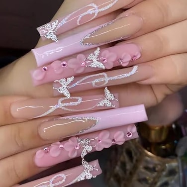 DZPGUONIZ 24Pcs Long Square Press on Nails Pink French Tip Fake Nails Silver Rhinestones with Flower Full Cover Tips Glue on Nails Artificial Acrylic False Nails Butterfly Charms Design for Women Mani