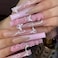 DZPGUONIZ 24Pcs Long Square Press on Nails Pink French Tip Fake Nails Silver Rhinestones with Flower Full Cover Tips Glue on Nails Artificial Acrylic False Nails Butterfly Charms Design for Women Mani