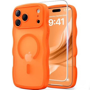 DOMAVER 3 in 1 Magnetic for iPhone 17 Pro Max Case Cute Wavy Full Camera ProtectionFit for MagSafe 1X Screen Protector1X Wrist Strap AntiSlip Trendy Women Girly Case for iPhone 17 Pro Max 69 Orange