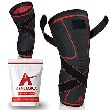 ATHLEDICT Knee Brace Compression Sleeve with Strap for Best Support Pain Relief for Meniscus Tear Arthritis Running Basketball MCL Jogging Post Surgery Recovery for Men Women L