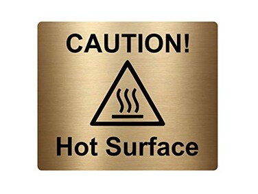 OriginDesigned Caution Hot Surface Sign Adhesive Sticker Notice engraved with Universal Icon Symbol and Text Size 12cm x 10cm Gold