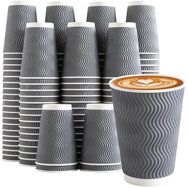 Clawsoff Coffee 120 Pack Cups 12 oz Corrugated Insulated Ripple Wall Disposable Paper Cups for Hot Beverage or Cold Drinks OfficeHomeCafePartyTravel Gray