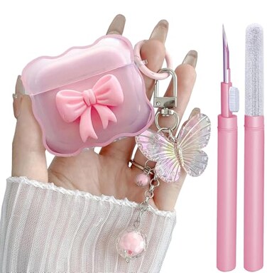 GARTOO Compatible with AirPods 4 Clear Case Pink 3D Bow Pattern Desiged iPods 4 Cases with Cute Butterfly Keychain Soft TPU Protective Shockproof Case and Cleanner Kit for Airpod 4 for Girls Women Pin