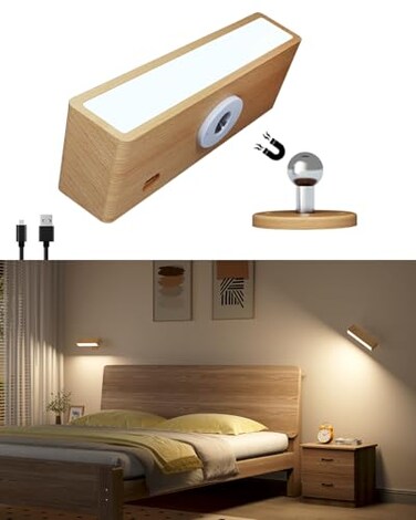 DetarZinLED Wall Lights Battery Operated WoodenMagnetic Wall Sconces RechargeableAdhesive Wall Lights for BedroomDimmable Wall Mounted Bedside LampCordless Battery Wall Sconce for Bedroom Reading
