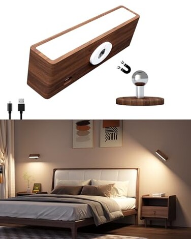 DetarZinLED Wall Lights Battery Operated WoodenMagnetic Wall Sconces RechargeableAdhesive Wall Lights for BedroomDimmable Wall Mounted Bedside LampCordless Battery Wall Sconce for Bedroom Reading