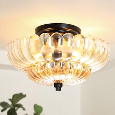 GloMuse Semi Flush Mount Ceiling Light Fixture Vinatge Black Ceiling Lights Mid Century Modern Glass Close to Ceiling Lighting Fixtures for Bedroom Hallway Foyer Bathroom Kitchen Laundry Room Nursery