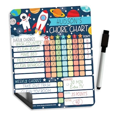 Hadley Designs Magnetic Chore Chart for Kids Reward Chart for Kids Dry Erase Responsibility Board for Children at Home Fridge Behavior Tracker for Daily Weekly Tasks Space Toddler Chore Board