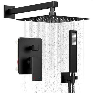 HoliSpa Black Shower System Shower Faucet Set with 10Inch Rain Showerhead and Handheld Spray Wall Mounted HighPressure Showerhead Combo Set Included Valve and Trim Matte Black