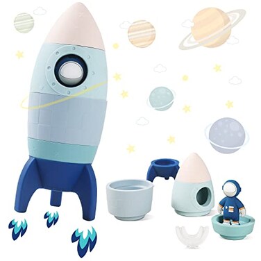 JETMÂ·HH JETMHH Silicone Rocket Stacking Toy Space Rocket Toy Baby Teething Toys Early Learning Stacking Tower Educational Learning Stacking Toys Nesting Toy for Early Educational for Infants Blue