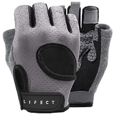 LIFECT Breathable Workout Gloves Knuckle Weight Lifting Fingerless Gym Exercise Gloves with Curved Open Back for Powerlifting Crossfit Women and Men Grey Medium
